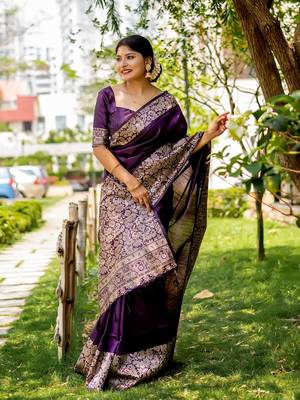 Purple handloom raw silk with pallu weaving saree with unstitched blouse 2