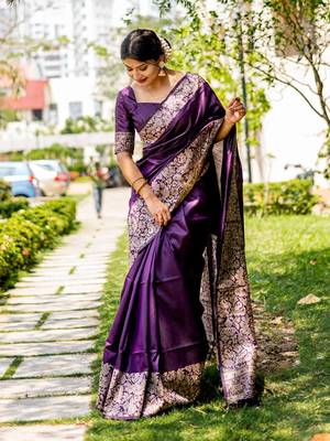 Purple handloom raw silk with pallu weaving saree with unstitched blouse 1