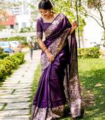 Purple handloom raw silk with pallu weaving saree with unstitched blouse