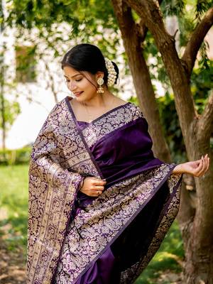 Purple handloom raw silk with pallu weaving saree with unstitched blouse 3