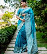 Firozi handloom raw silk with pallu weaving saree with unstitched blouse