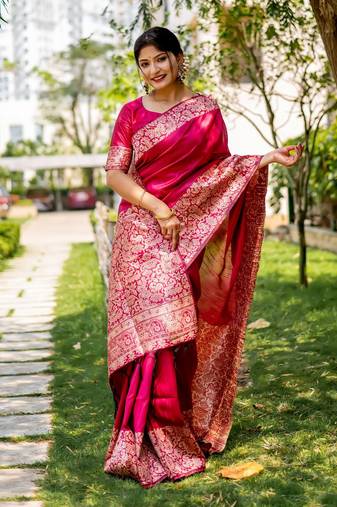 Ranipink handloom raw silk with pallu weaving saree with unstitched blouse