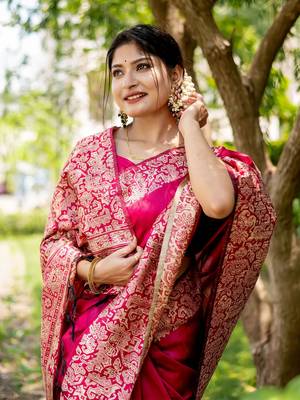 Ranipink handloom raw silk with pallu weaving saree with unstitched blouse 3
