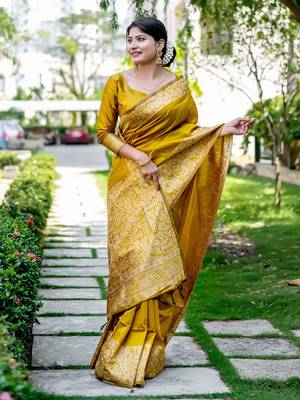 Mustard handloom raw silk with pallu weaving saree with unstitched blouse 1