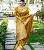 Mustard handloom raw silk with pallu weaving saree with unstitched blouse