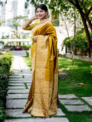 Mustard handloom raw silk with pallu weaving saree with unstitched blouse 2