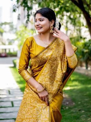 Mustard handloom raw silk with pallu weaving saree with unstitched blouse 3