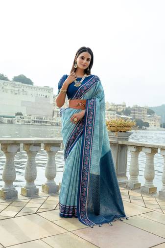 Skyblue soft art silk with flower printed zari weaving border saree with unstitched blouse