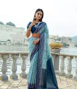Skyblue soft art silk with flower printed zari weaving border saree with unstitched blouse