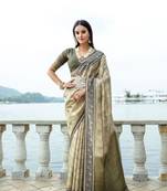 Mehendi soft silk with flower printed zari weaving border saree with unstitched blouse
