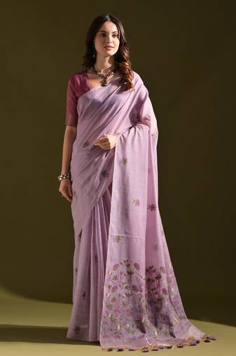 Lavender premium soft muga cotton all over floral weaving pichwai saree with unstitched blouse