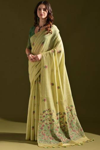 Pista premium soft muga cotton all over floral weaving pichwai saree with unstitched blouse