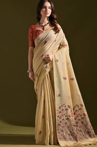 Cream premium soft muga cotton all over floral weaving pichwai saree with unstitched blouse