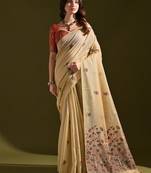 Cream premium soft muga cotton all over floral weaving pichwai saree with unstitched blouse