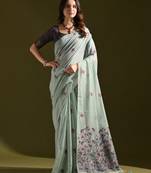 Seagreen premium soft muga cotton all over floral weaving pichwai saree with unstitched blouse