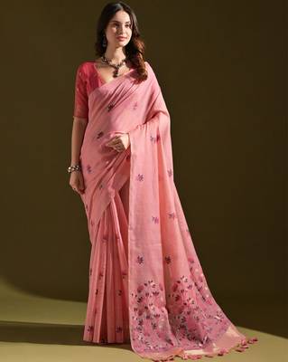 Pink premium soft muga cotton all over floral weaving pichwai saree with unstitched blouse 1