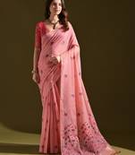 Pink premium soft muga cotton all over floral weaving pichwai saree with unstitched blouse