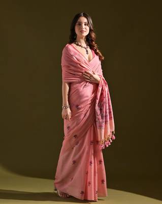 Pink premium soft muga cotton all over floral weaving pichwai saree with unstitched blouse 2