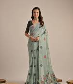 Seagreen premium soft muga cotton all over floral weaving pichwai saree with unstitched blouse