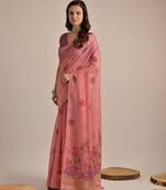 Pink premium soft muga cotton all over floral weaving pichwai saree with unstitched blouse