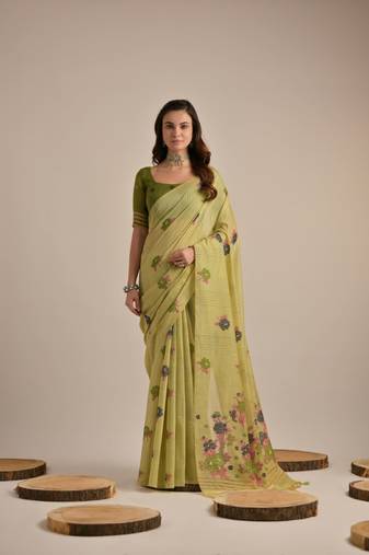 Pista premium soft muga cotton all over floral weaving pichwai saree with unstitched blouse
