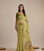 Pista premium soft muga cotton all over floral weaving pichwai saree with unstitched blouse