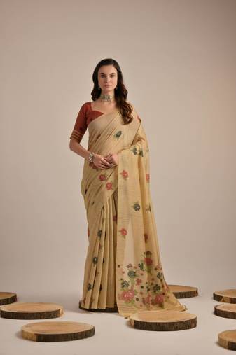 Cream premium soft muga cotton all over floral weaving pichwai saree with unstitched blouse