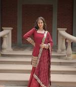 Maroon georgette sequins embroidered top and viscose sharara with dupatta suit