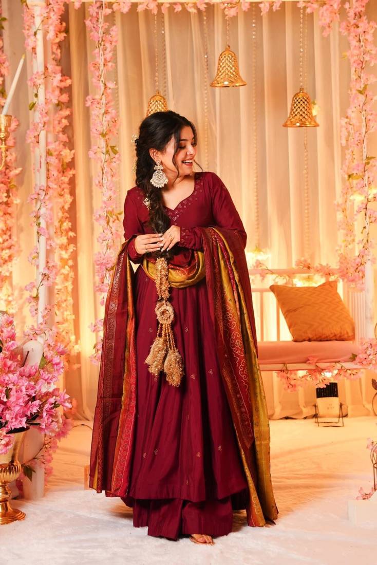 MAROON SILK EMBROIDERY  PARTY WEAR SUIT SET 