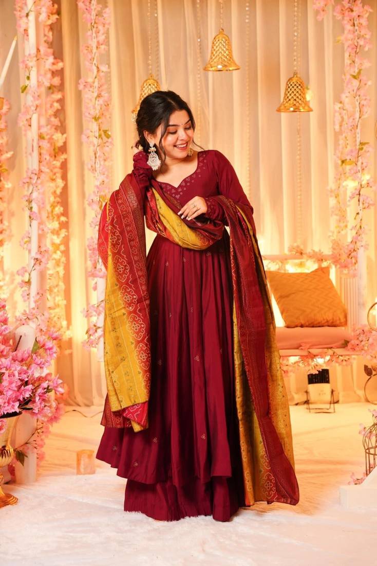 MAROON SILK EMBROIDERY  PARTY WEAR SUIT SET 