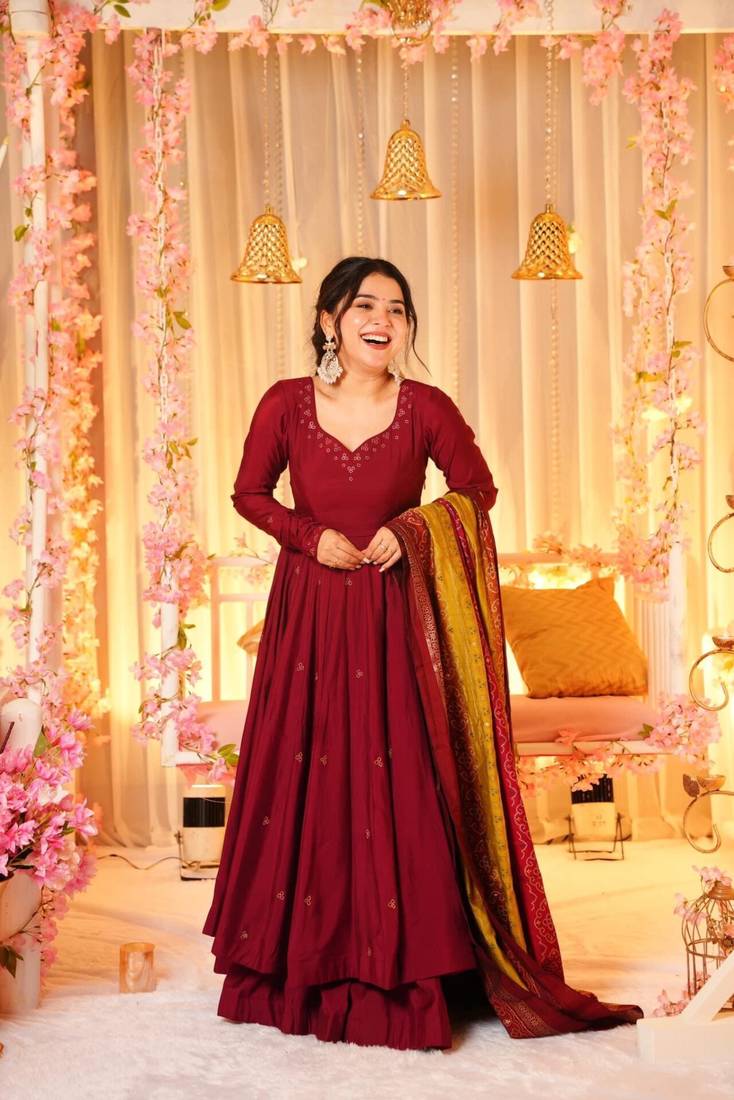 MAROON SILK EMBROIDERY  PARTY WEAR SUIT SET 