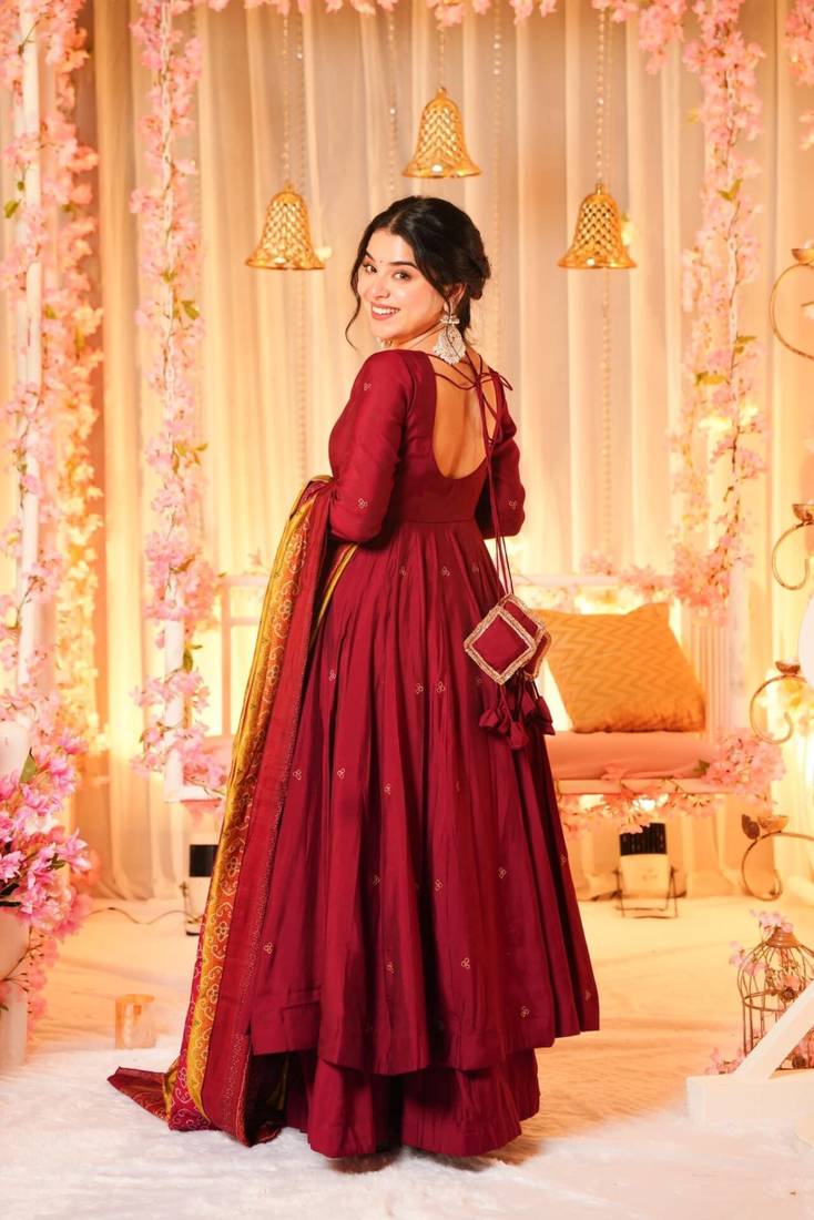 MAROON SILK EMBROIDERY  PARTY WEAR SUIT SET 