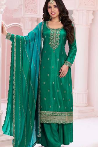 Pine green embroidered vichitra stitched salwar suit