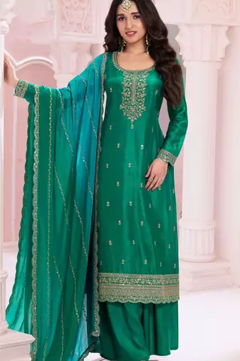 Pine green embroidered vichitra semi-stitched salwar suit