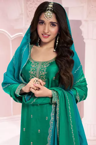 Pine green embroidered vichitra stitched salwar suit