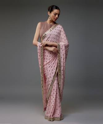 Blush pink chinon sequins hand embroidered saree 1