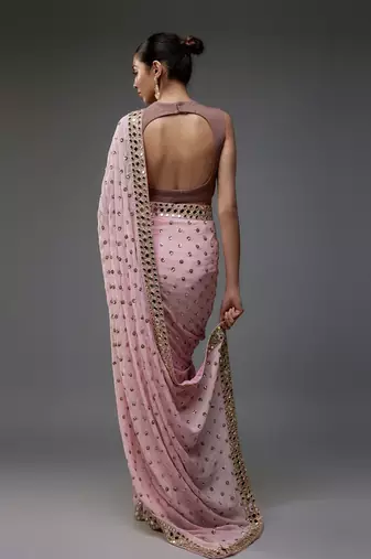 Blush pink chinon sequins hand embroidered saree