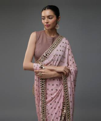 Blush pink chinon sequins hand embroidered saree 3