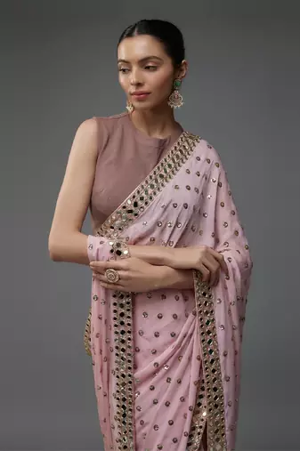 Blush pink chinon sequins hand embroidered saree