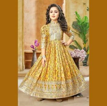 Fashional Chinon Silk Yellow Gown With Digital Print work With Embroidered Siqunce work Ready To Wear 1