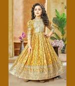 Fashional Chinon Silk Yellow Gown With Digital Print work With Embroidered Siqunce work Ready To Wear