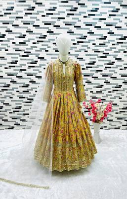 Fashional Chinon Silk Yellow Gown With Digital Print work With Embroidered Siqunce work Ready To Wear 2