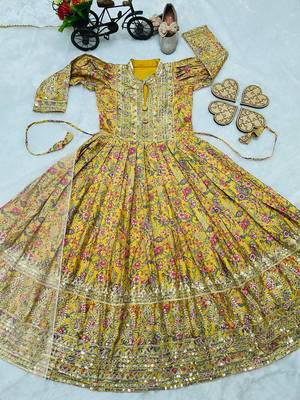 Fashional Chinon Silk Yellow Gown With Digital Print work With Embroidered Siqunce work Ready To Wear 3