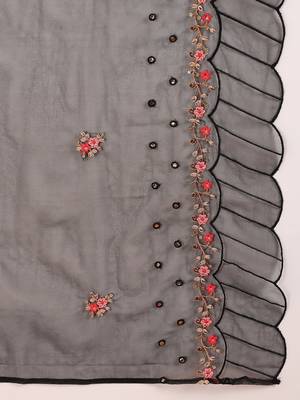 Women Black solid silk blend embroidered fancy straight kurta trousers with dupatta 6
