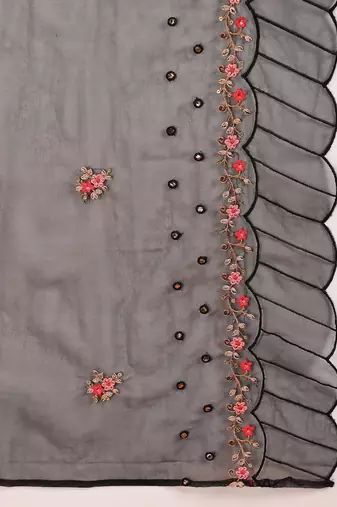 Women Black solid silk blend embroidered fancy straight kurta trousers with dupatta