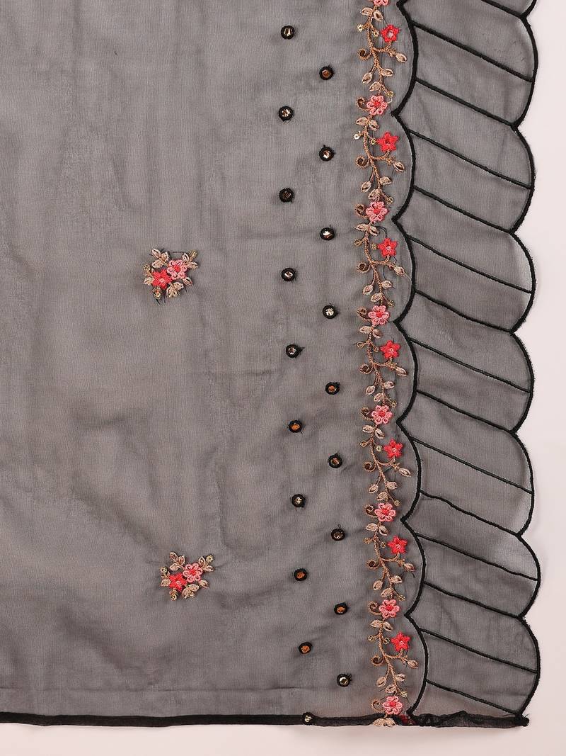 Women Black solid silk blend embroidered fancy straight kurta trousers with dupatta