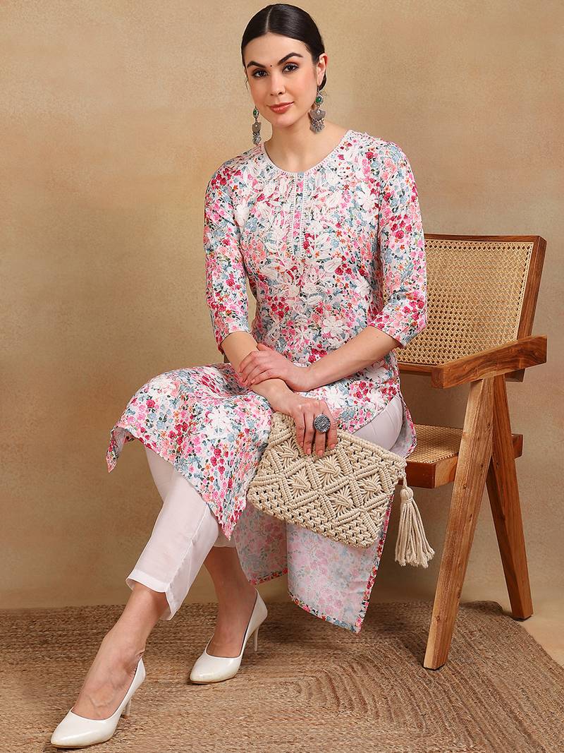 women white cotton blend embroidered floral printed straight kurta