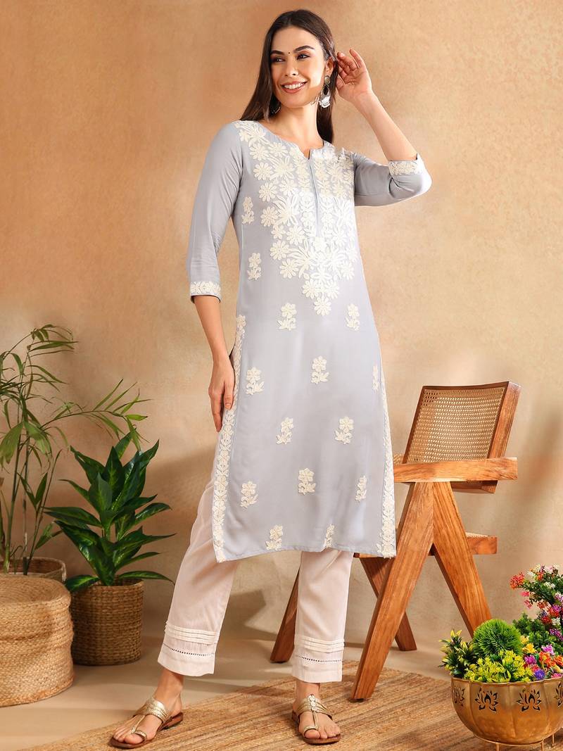 Women Blue color rayon blend embroidered fancy Only kurta