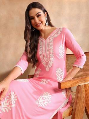 Women Pink color rayon blend embroidered fancy Only kurta 6