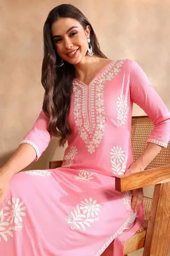 Women Pink color rayon blend embroidered fancy Only kurta